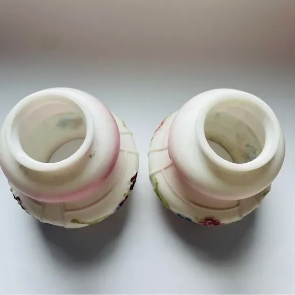 Antique White Satin Glass Opaque Hand Painted Floral Pair Lamp Shades - Picture 2 of 7